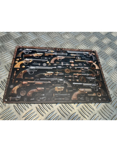 Plaque decoration alu 30 x 20 cm avec les different revolvers cow boy far ouest