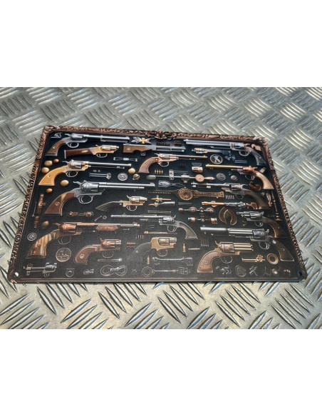 Plaque decoration alu 30 x 20 cm avec les different revolvers cow boy far ouest