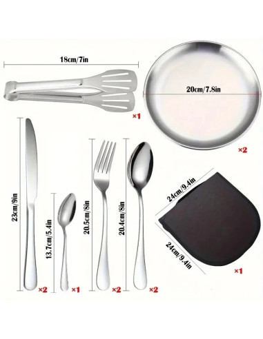 kit vaisselle camping acier inoxydable pique nique assiette fourchette cuillere