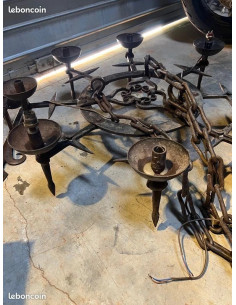 Lustre candélabre brutaliste vintage fer forgé art 8 lumières et 3 appliques 2