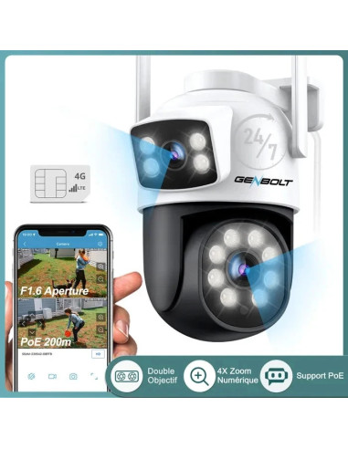 camera surveillance exterieur 3g/4g sim genbolt gb201-4g lte double objectif