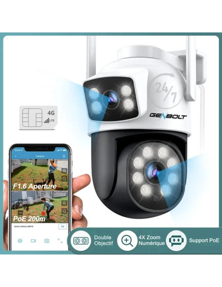 camera surveillance exterieur 3g/4g sim genbolt gb201-4g lte double objectif