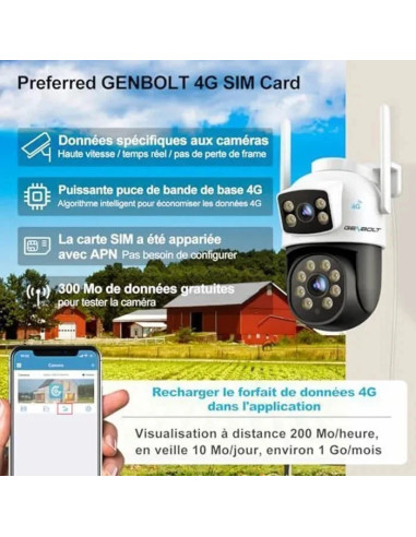 camera surveillance exterieur 3g/4g sim genbolt gb201-4g lte double objectif