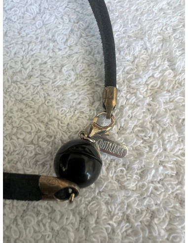 Collier cuir noir avec 3 pendentif sphère en cristal acrylique noir swarovski