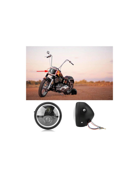 phare alu noir universel double led DRL avec anneau d'ange moto bobber custom ch